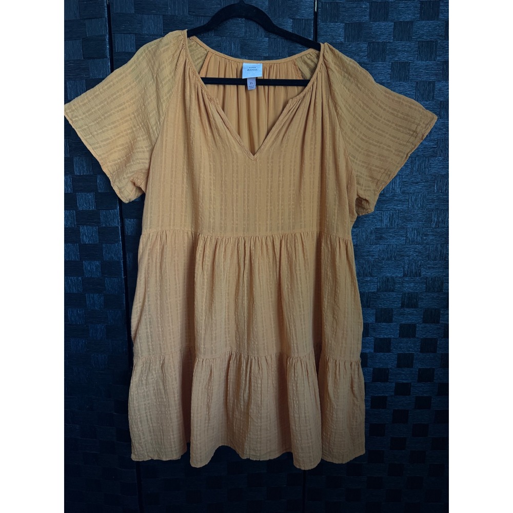 Knox Rose Dress XL Mustard Babydoll Dress Tiered Cotton Boho Peasant Pockets
